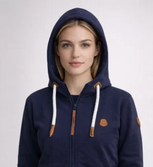 Ladies Sweat Jacket Plain with Hood and zip-Navy-SL4009-3