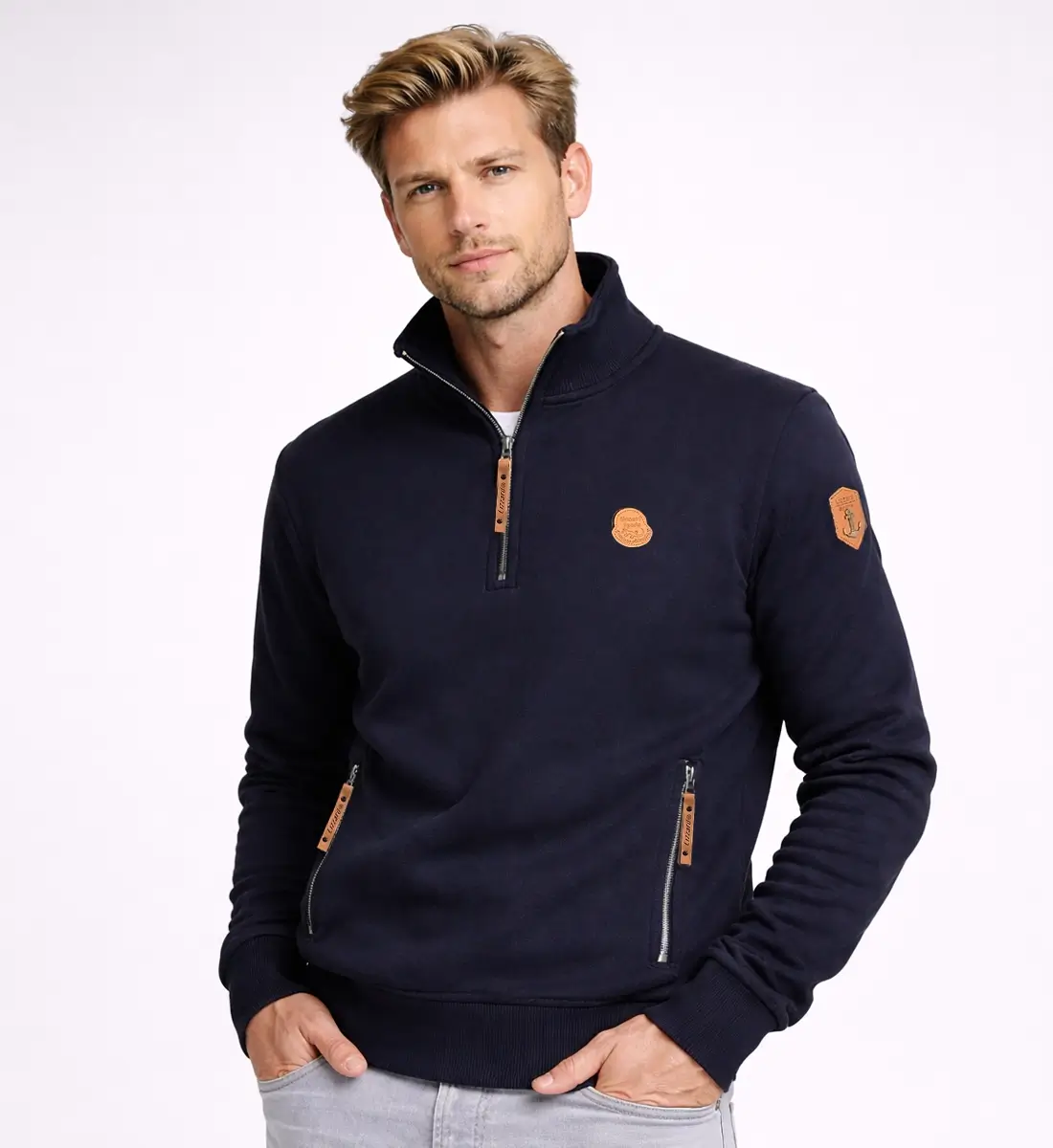 Mens CVC Sweater Half Zipper-SL2080-Navy