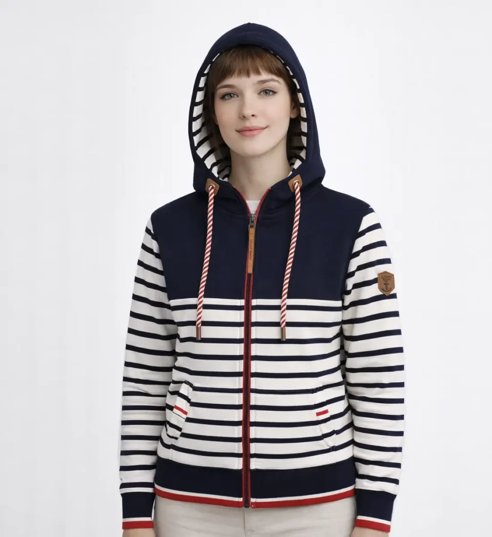 Gestreept damessweatshirt met contrasterende details - capuchonjas met strepen